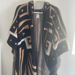 Like-New Black and Tan Patterned Knit Cape/Poncho Sweater W/ Hood
